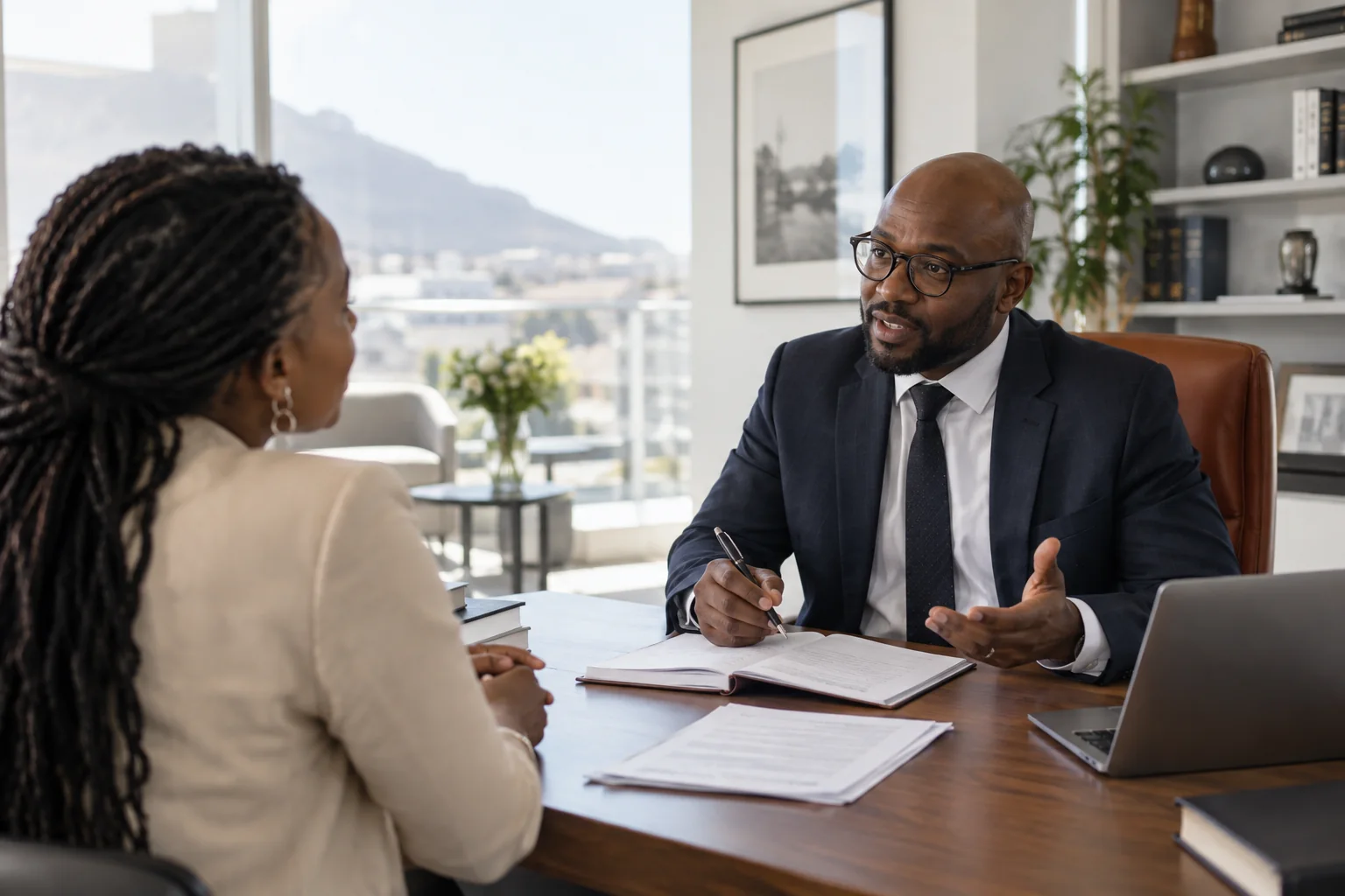 Attorney consulting with a client in a bright professional office